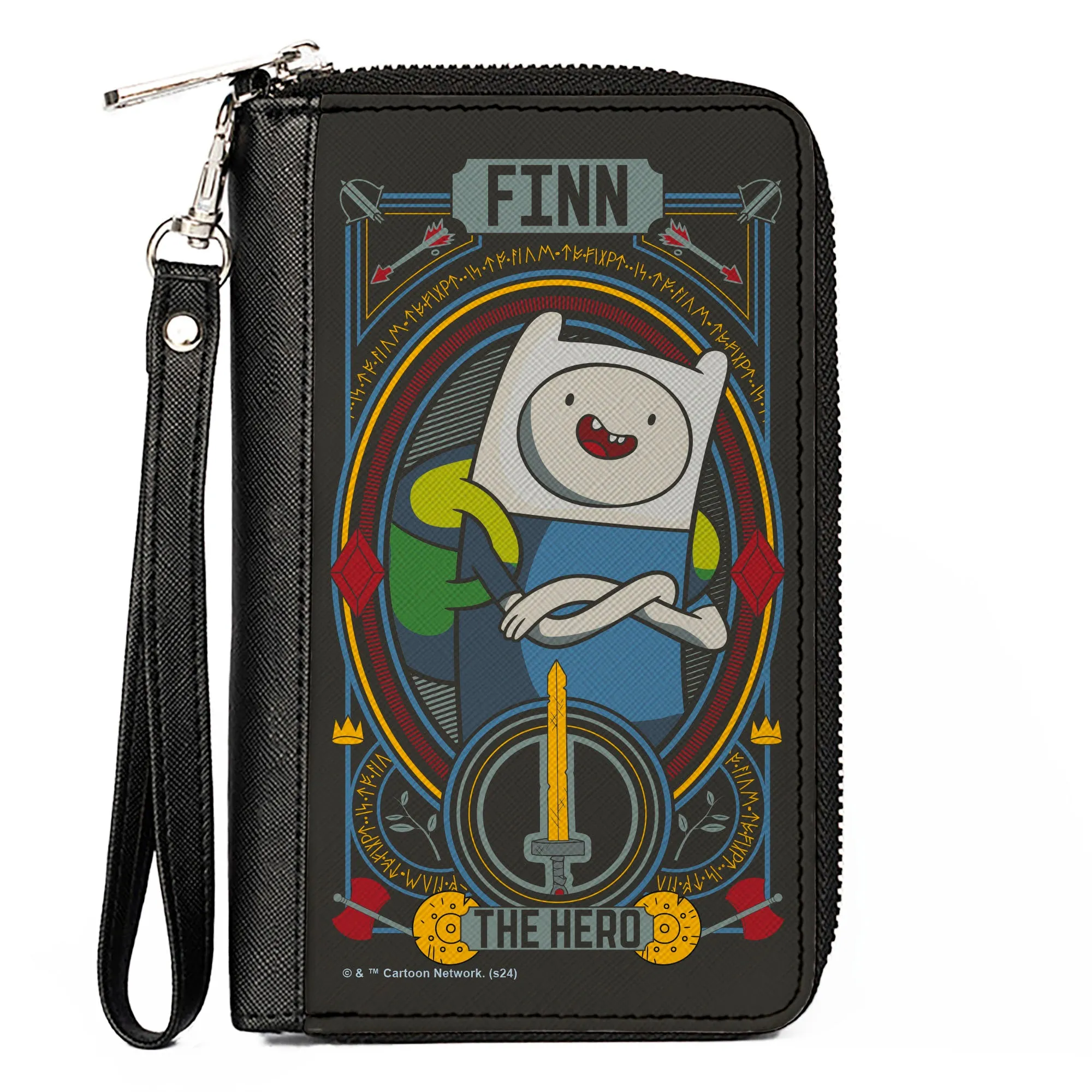 PU Zip Around Wallet Rectangle - Adventure Time FINN THE HERO Pose and Sword Icon Black/Multi Color