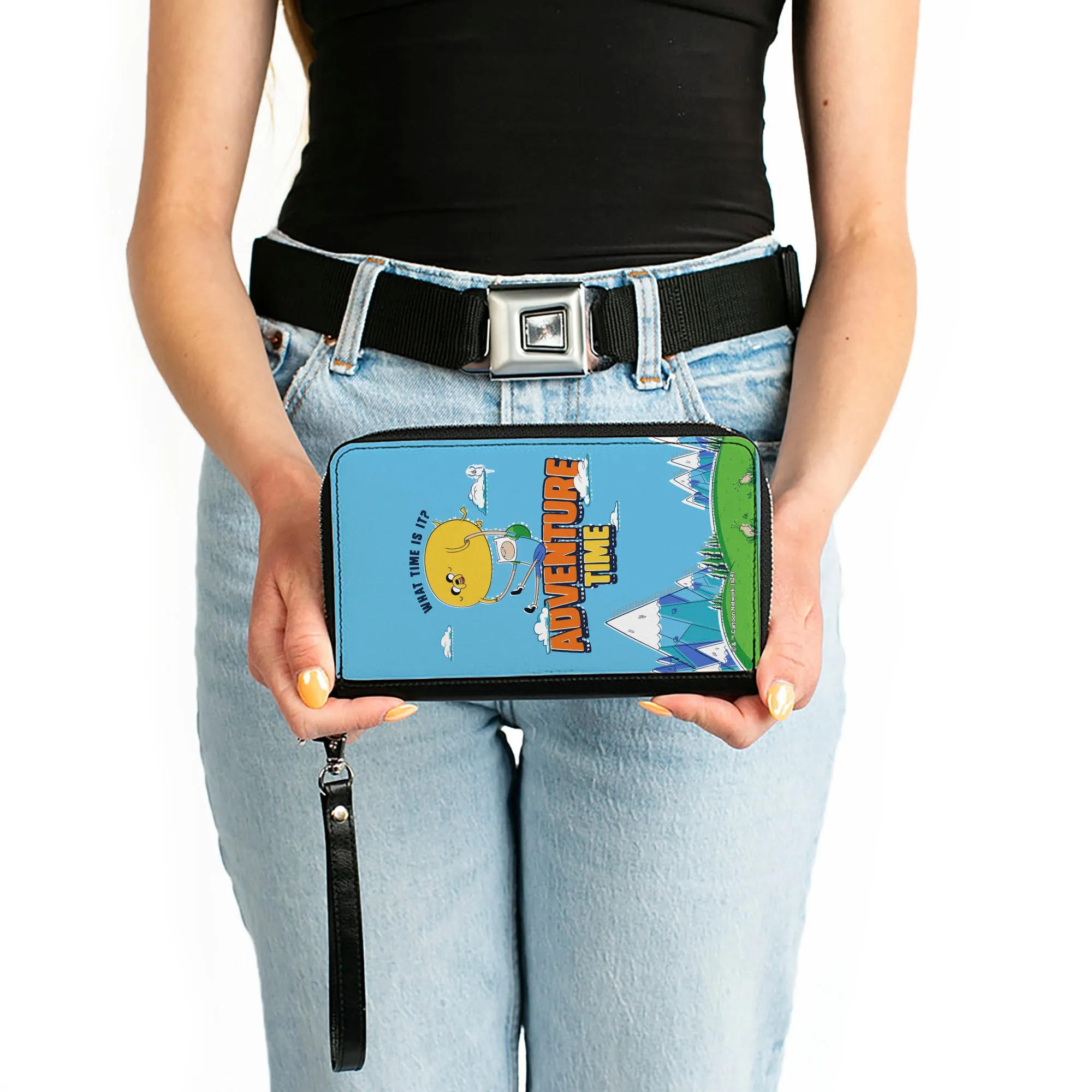 PU Zip Around Wallet Rectangle - ADVENTURE TIME Jake and Finn WHAT TIME IS IT Flying Pose Blue
