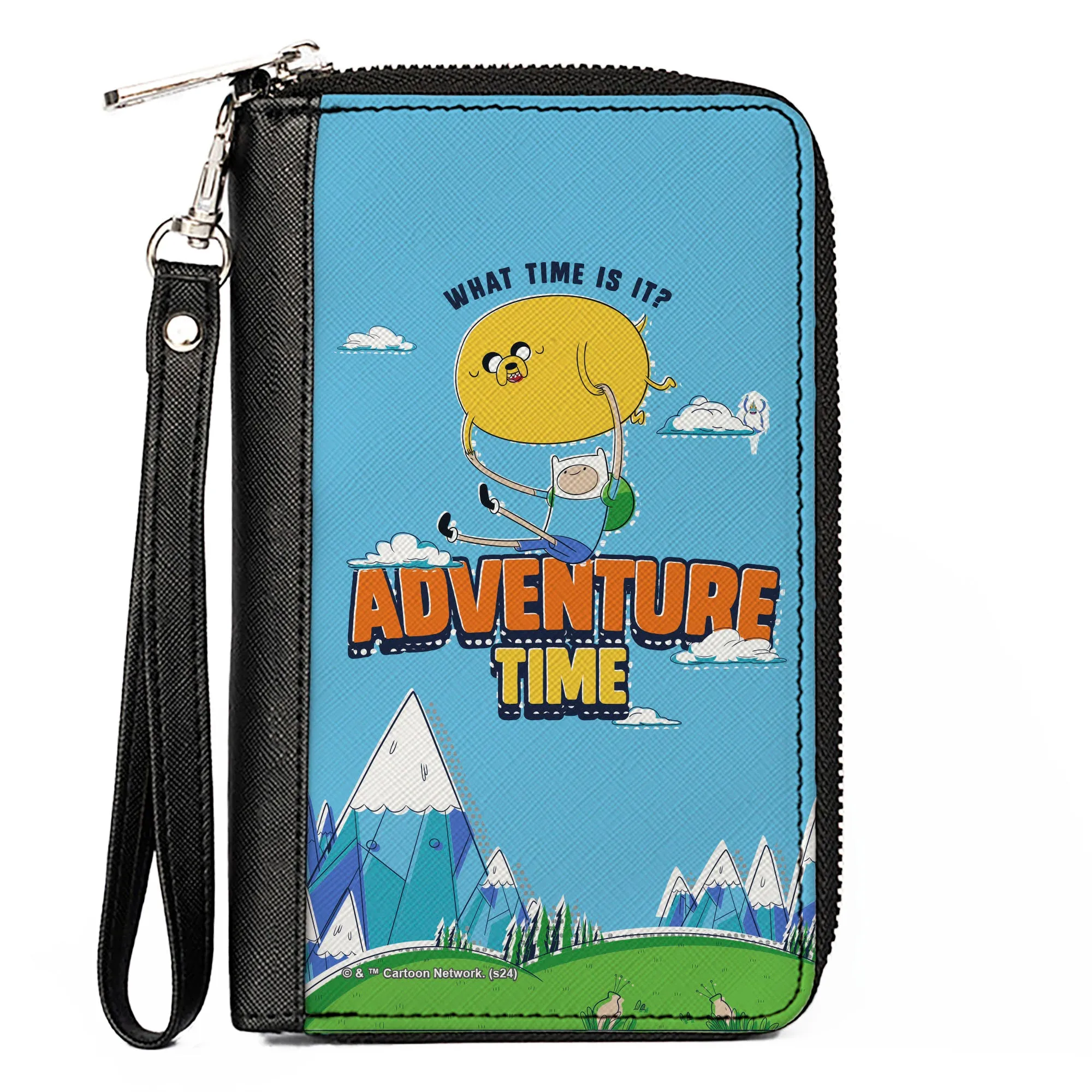 PU Zip Around Wallet Rectangle - ADVENTURE TIME Jake and Finn WHAT TIME IS IT Flying Pose Blue