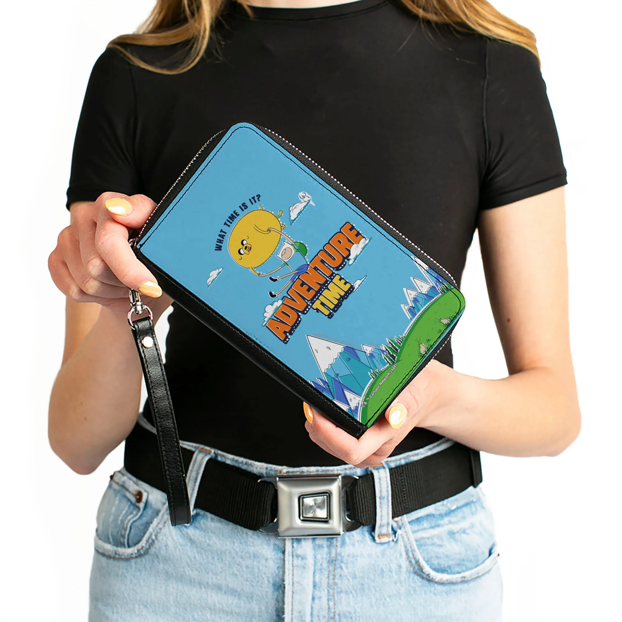 PU Zip Around Wallet Rectangle - ADVENTURE TIME Jake and Finn WHAT TIME IS IT Flying Pose Blue