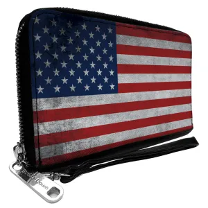 PU Zip Around Wallet Rectangle - American Flag Distressed Single