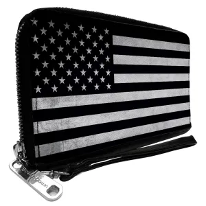 PU Zip Around Wallet Rectangle - American Flag Weathered Black/White Single
