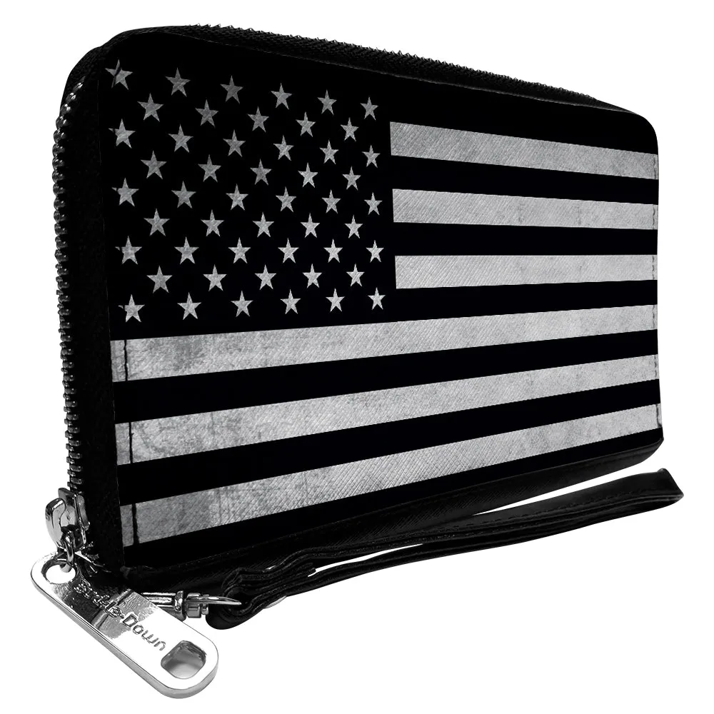 PU Zip Around Wallet Rectangle - American Flag Weathered Black/White Single