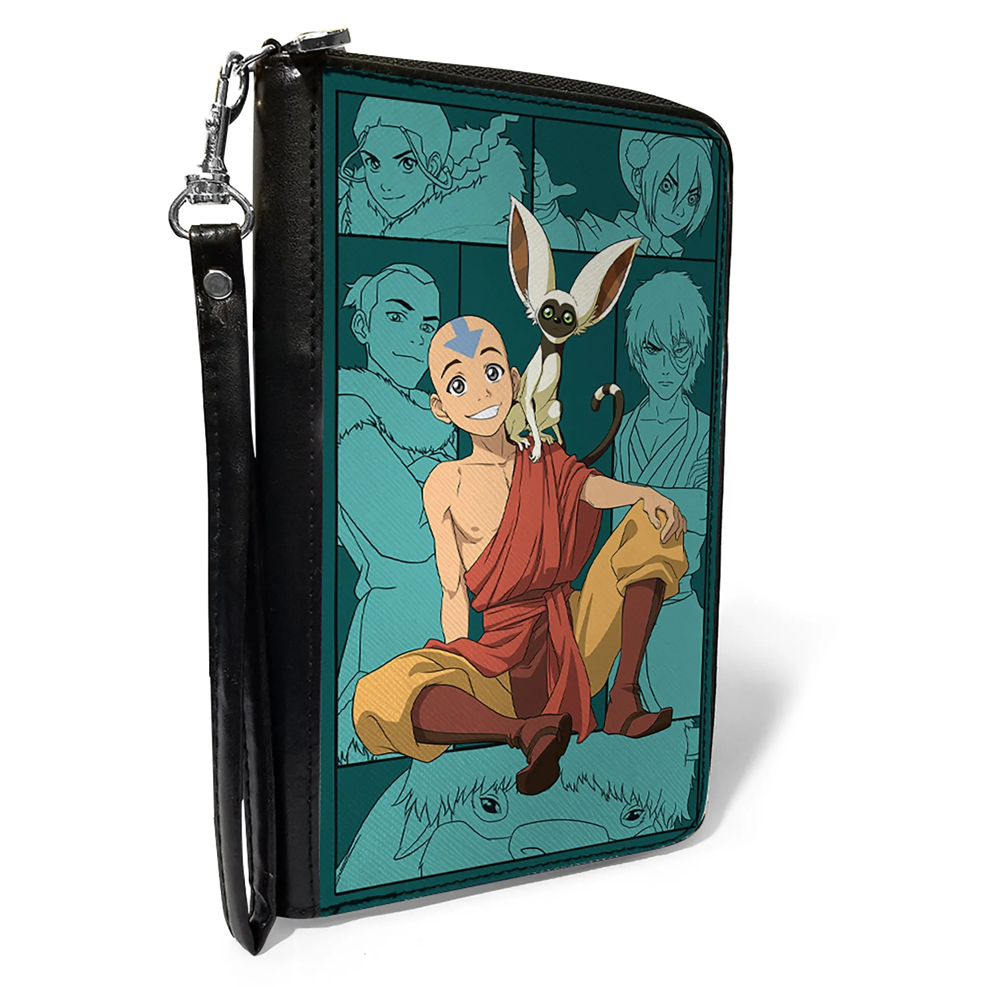 PU Zip Around Wallet Rectangle - Avatar Last Airbender Aang and Momo Pose with Character Blocks Teals