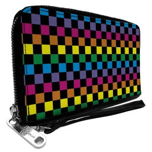 PU Zip Around Wallet Rectangle - Checker Black/Neon Rainbow