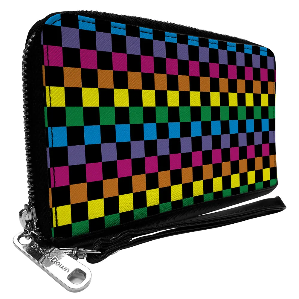 PU Zip Around Wallet Rectangle - Checker Black/Neon Rainbow