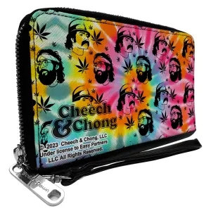 PU Zip Around Wallet Rectangle - CHEECH & CHONG Caricature Faces Pot Leaves Scattered Tie Dye Multi Color/Black