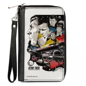 PU Zip Around Wallet Rectangle - Classic Star Trek Crew and Enterprise Poster White/Multi Color