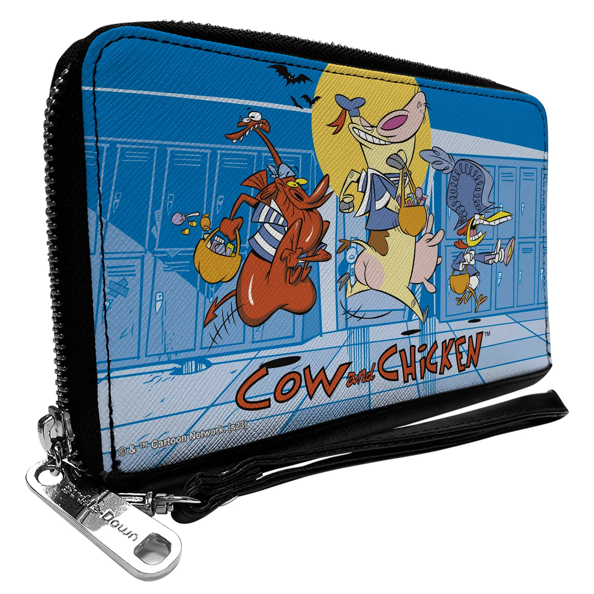 PU Zip Around Wallet Rectangle - COW AND CHICKEN with Red Guy Running Pose and Title Logo Blues