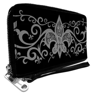 PU Zip Around Wallet Rectangle - Fleur-de-Lis w/Filigree Black/Gray