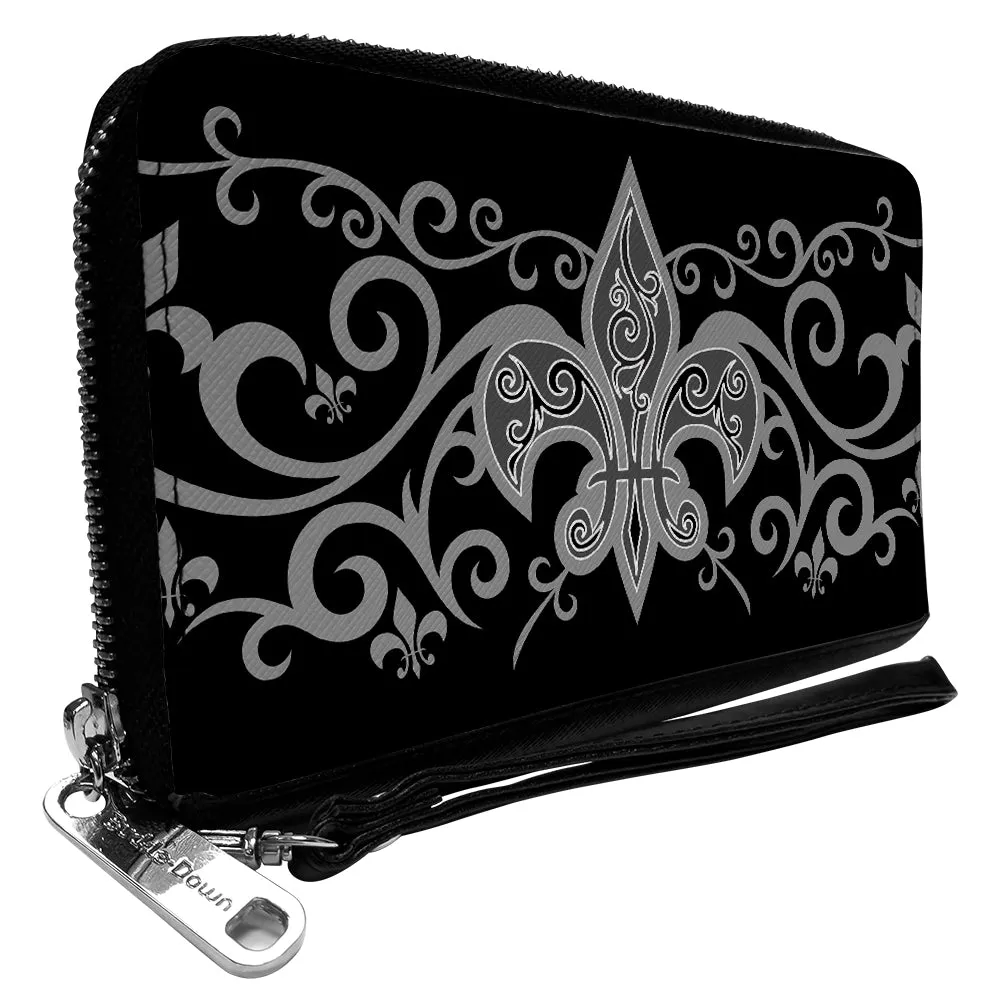 PU Zip Around Wallet Rectangle - Fleur-de-Lis w/Filigree Black/Gray