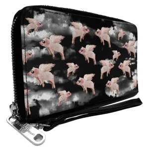 PU Zip Around Wallet Rectangle - Flying Pigs Black/White/Pink