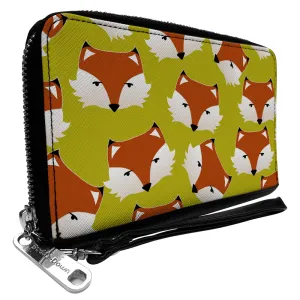 PU Zip Around Wallet Rectangle - Fox Face Scattered Warm Olive