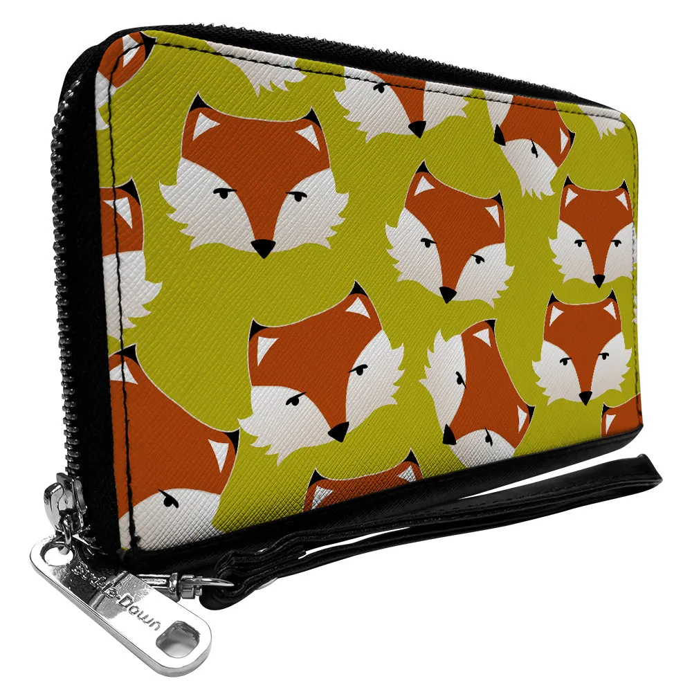 PU Zip Around Wallet Rectangle - Fox Face Scattered Warm Olive