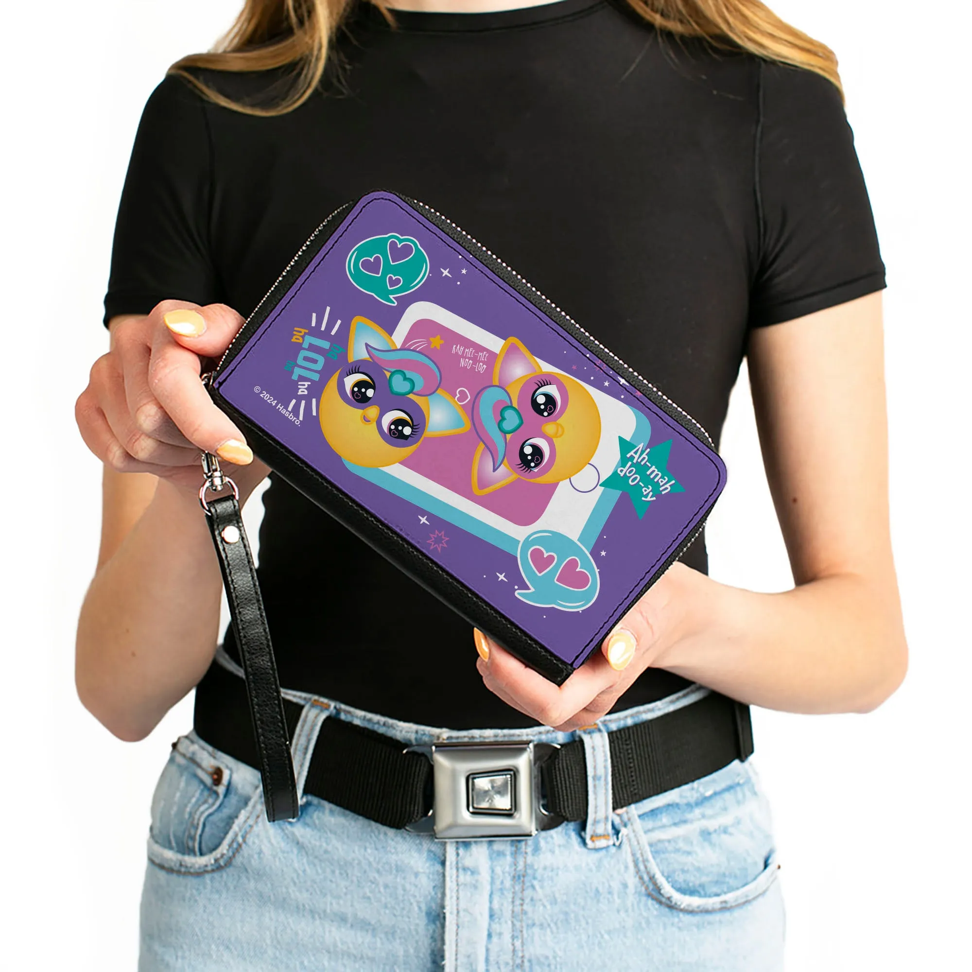 PU Zip Around Wallet Rectangle - Furby Furbmoji BFFs Pose and Quotes Purple/Multi Color