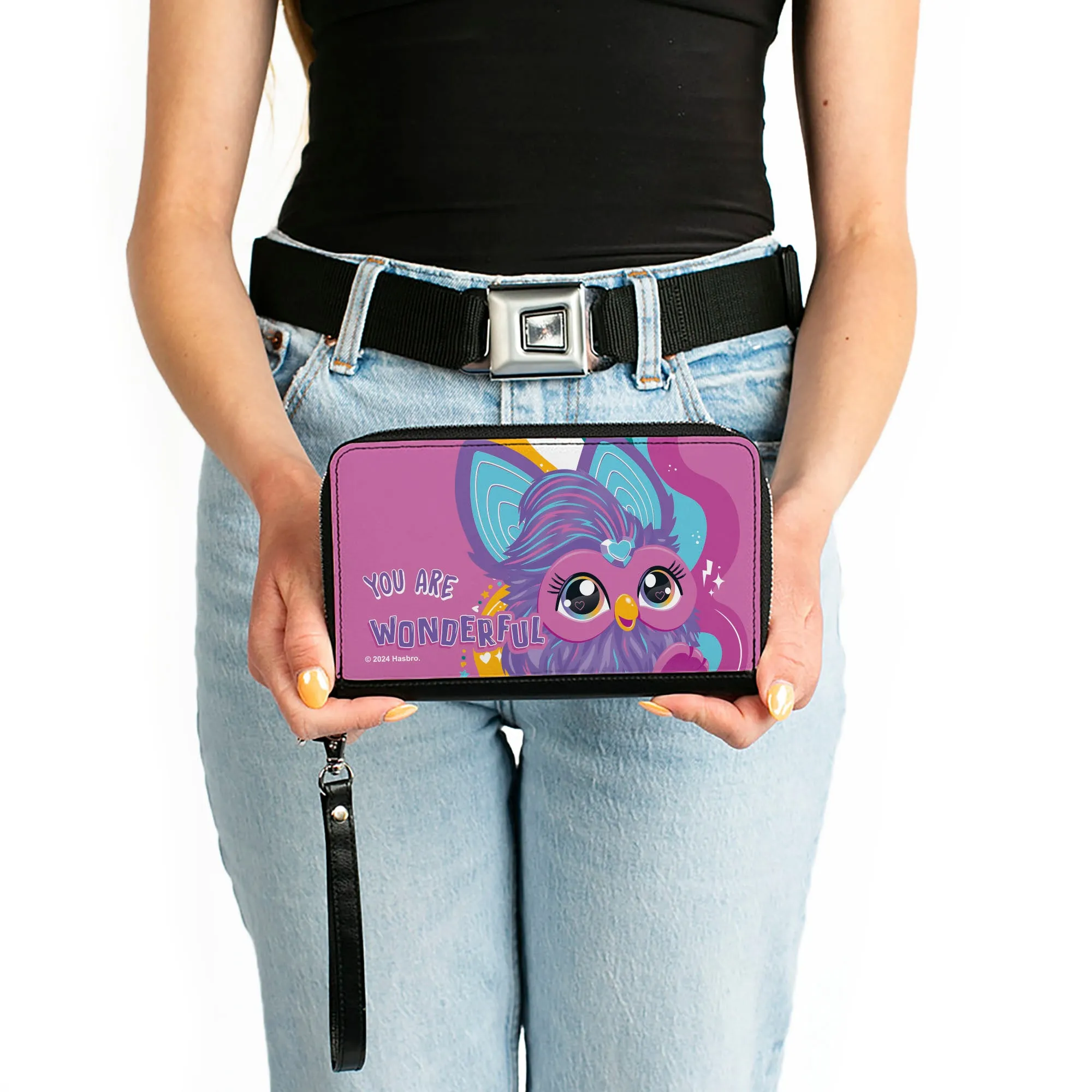 PU Zip Around Wallet Rectangle - Furby Purple Furby YOU ARE WONDERFUL Running Pose Pinks/Purples