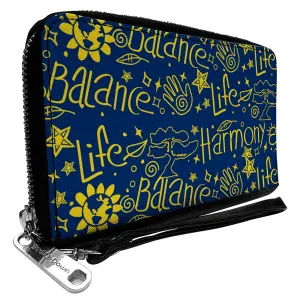 PU Zip Around Wallet Rectangle - HARMONY BALANCE LIFE Icons Collage Blue/Yellow