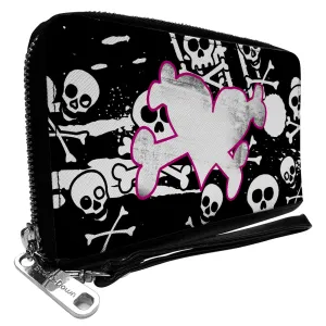 PU Zip Around Wallet Rectangle - Heart & Cross Bones w/Skulls & Splatter Black/White