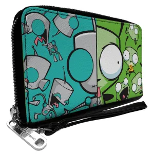 PU Zip Around Wallet Rectangle - Invader Zim GIR Split Close-Up and Poses Blue/Green