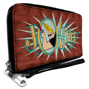 PU Zip Around Wallet Rectangle - JOHNNY BRAVO Title Logo and Flex Pose Turns Reds