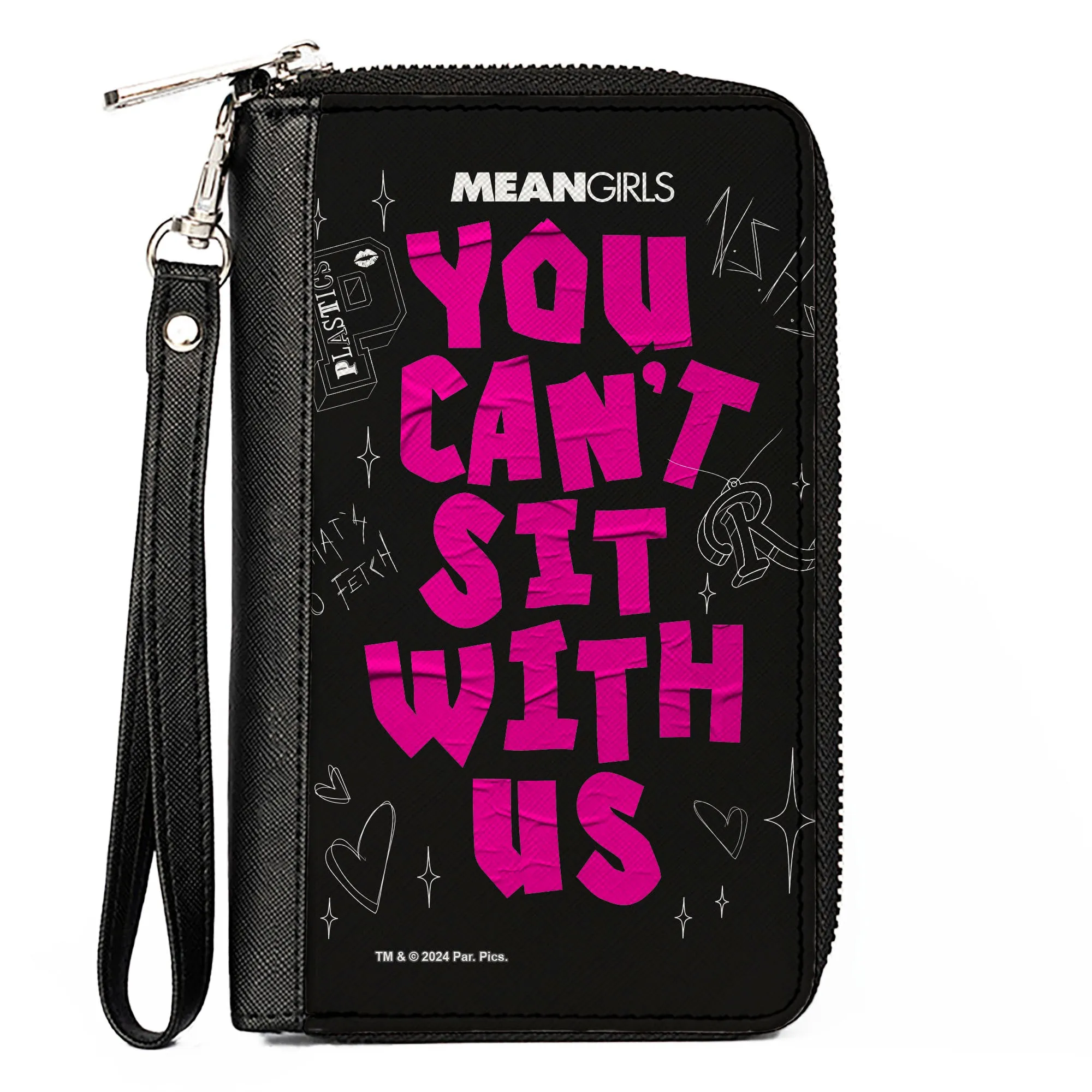 PU Zip Around Wallet Rectangle - Mean Girls YOU CAN'T SIT WITH US Doodles Black/Pink