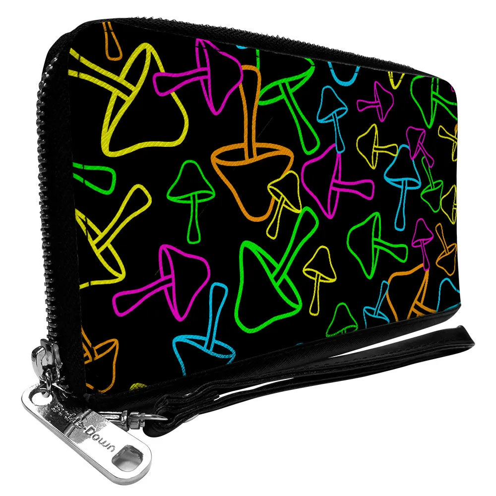 PU Zip Around Wallet Rectangle - Mushroom Outlines Scattered2 Black Multi Neon