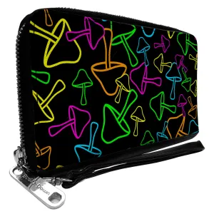 PU Zip Around Wallet Rectangle - Mushroom Outlines Scattered2 Black Multi Neon