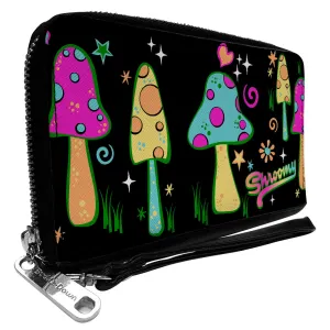 PU Zip Around Wallet Rectangle - Mushroom SHROOMY Vibrant Garden2 Black Multi Color