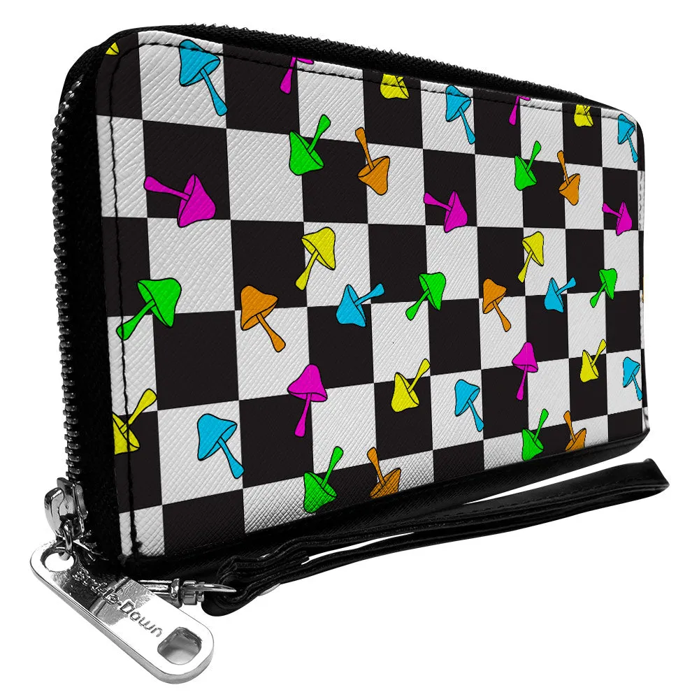PU Zip Around Wallet Rectangle - Mushrooms Scattered2 Checker Black White Multi Neon