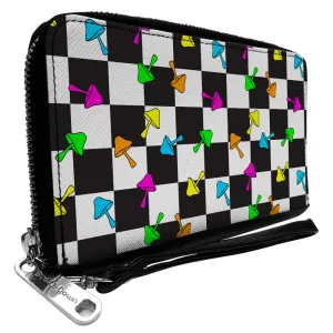 PU Zip Around Wallet Rectangle - Mushrooms Scattered2 Checker Black White Multi Neon
