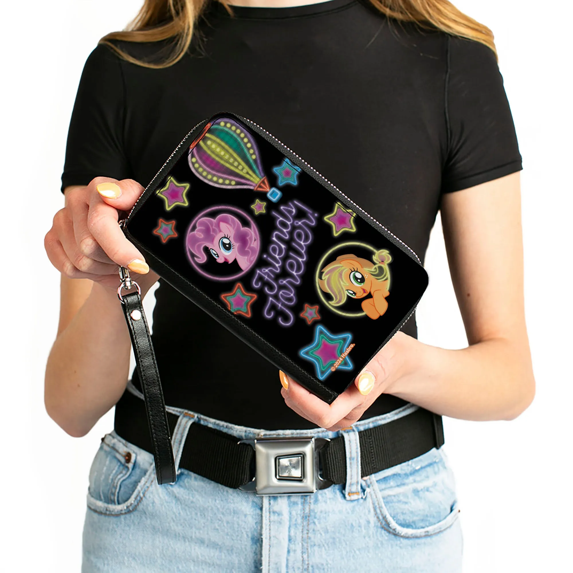 PU Zip Around Wallet Rectangle - My Little Pony Pinkie Pie and Applejack FRIENDS FOREVER Neon Art Black/Multi Color