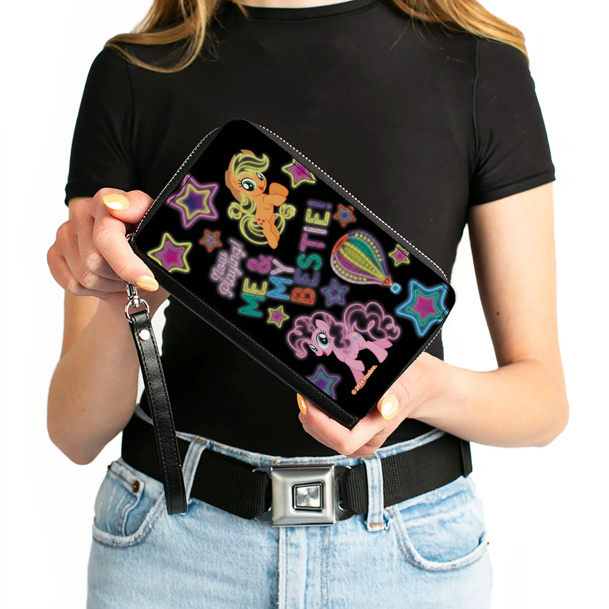 PU Zip Around Wallet Rectangle - My Little Pony Pinkie Pie and Applejack ME & MY BESTIE Neon Art Black/Multi Color