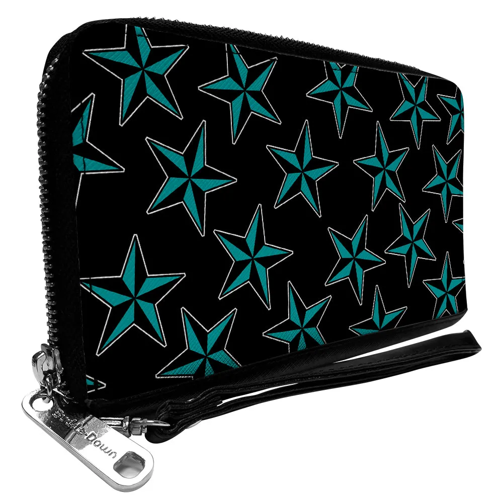 PU Zip Around Wallet Rectangle - Nautical Stars Scattered Black/Turquoise