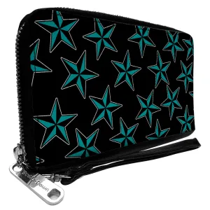 PU Zip Around Wallet Rectangle - Nautical Stars Scattered Black/Turquoise