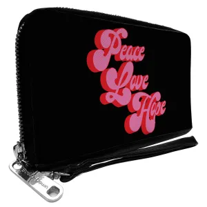 PU Zip Around Wallet Rectangle - PEACE LOVE HOPE Script Black Red Pink