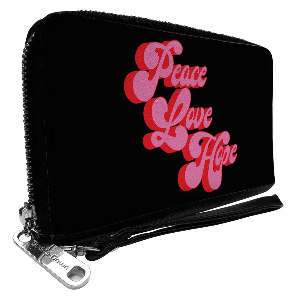 PU Zip Around Wallet Rectangle - PEACE LOVE HOPE Script Black Red Pink
