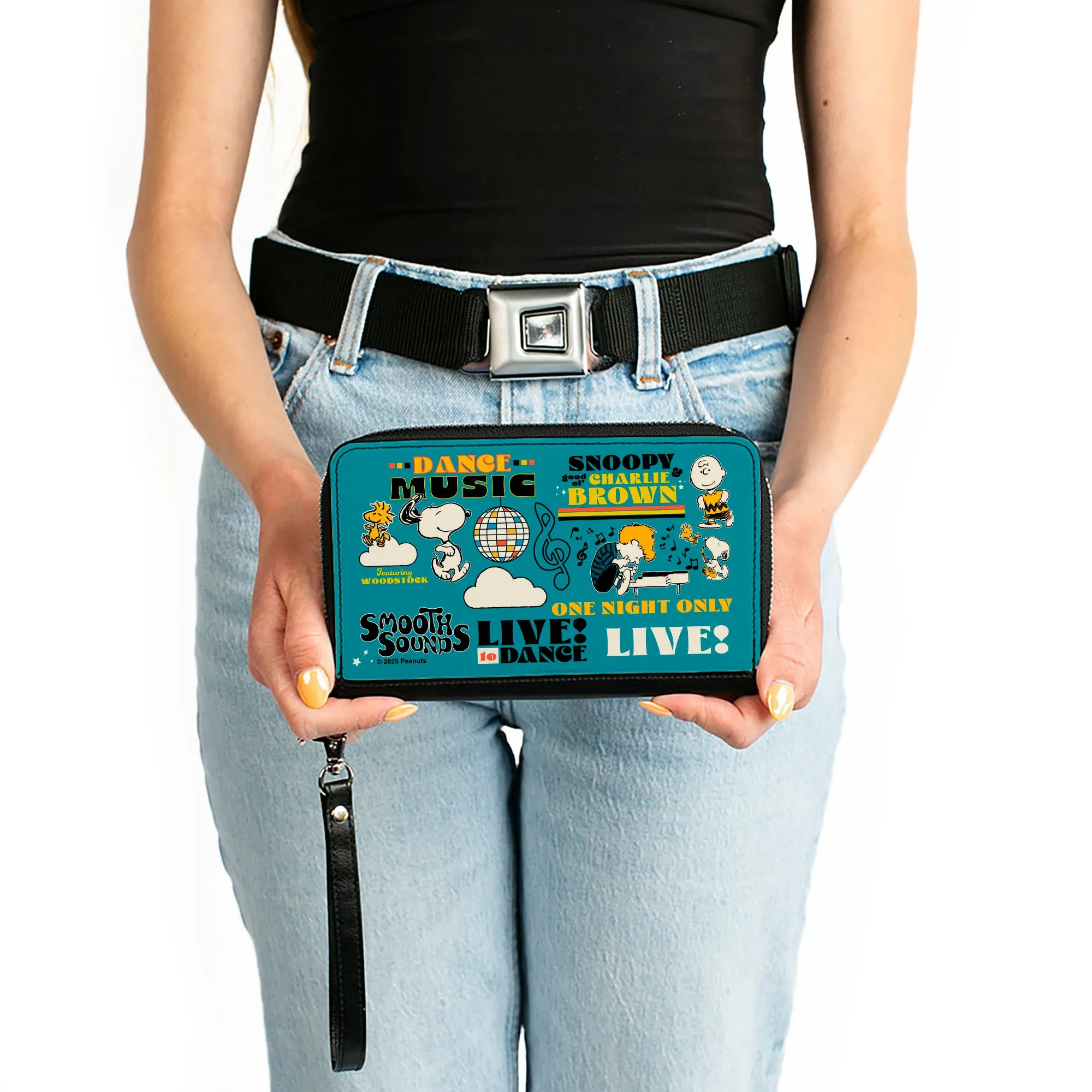 PU Zip Around Wallet Rectangle - Peanuts Gang DANCE MUSIC Poses and Quotes Blue/Multi Color