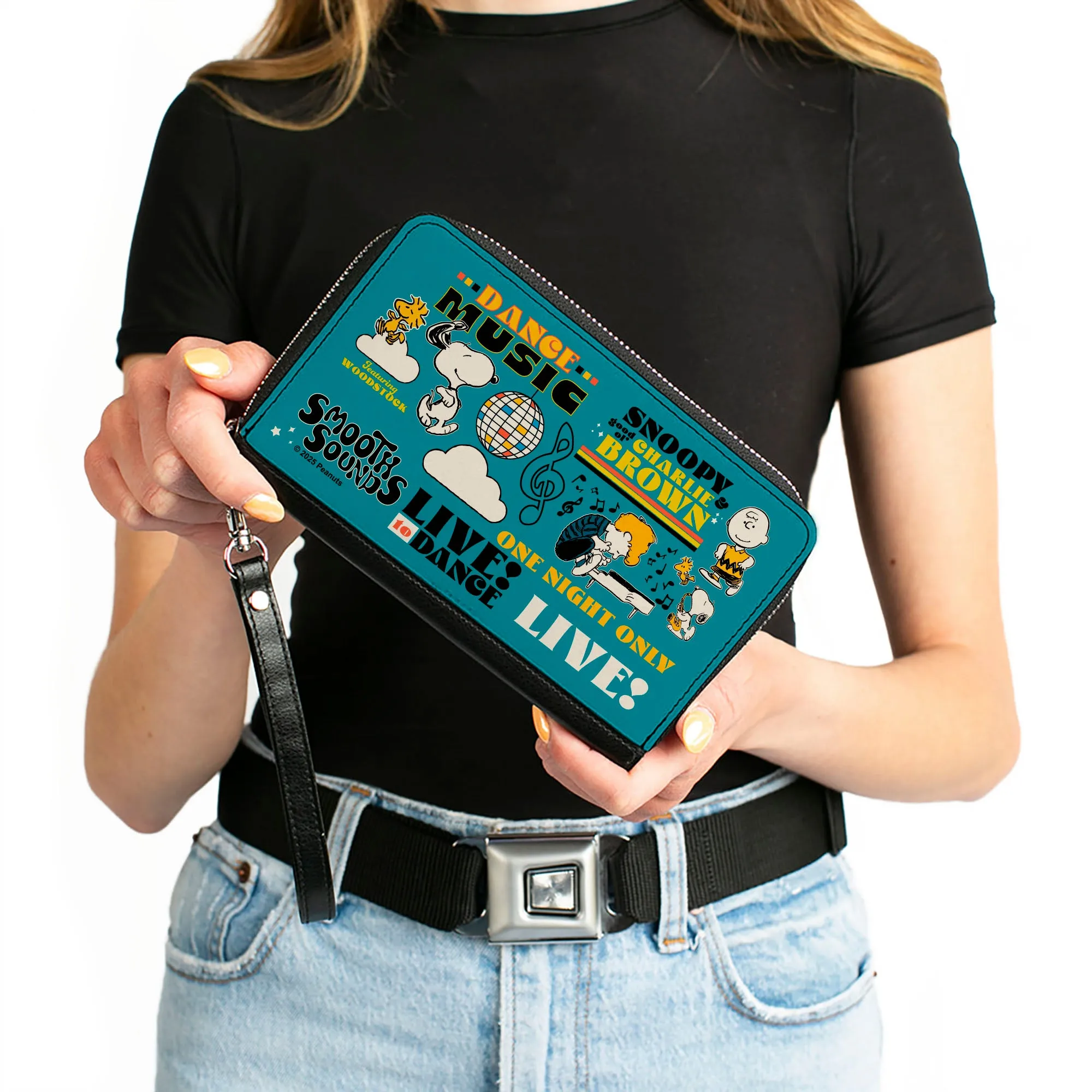 PU Zip Around Wallet Rectangle - Peanuts Gang DANCE MUSIC Poses and Quotes Blue/Multi Color