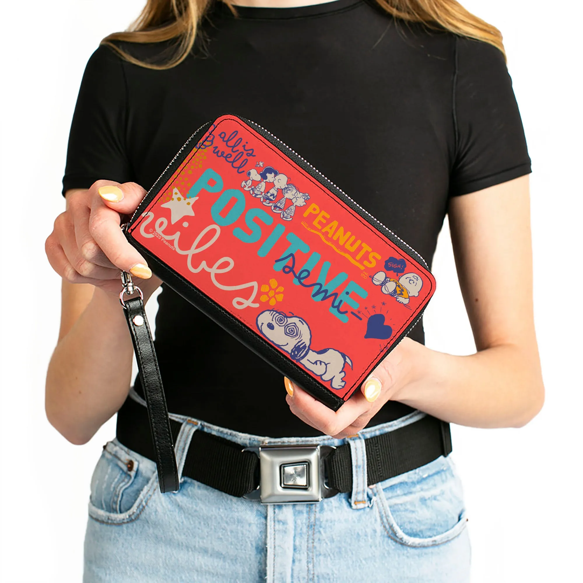 PU Zip Around Wallet Rectangle - Peanuts Gang SEMI-POSITIVE VIBES Poses Red/Blues/White