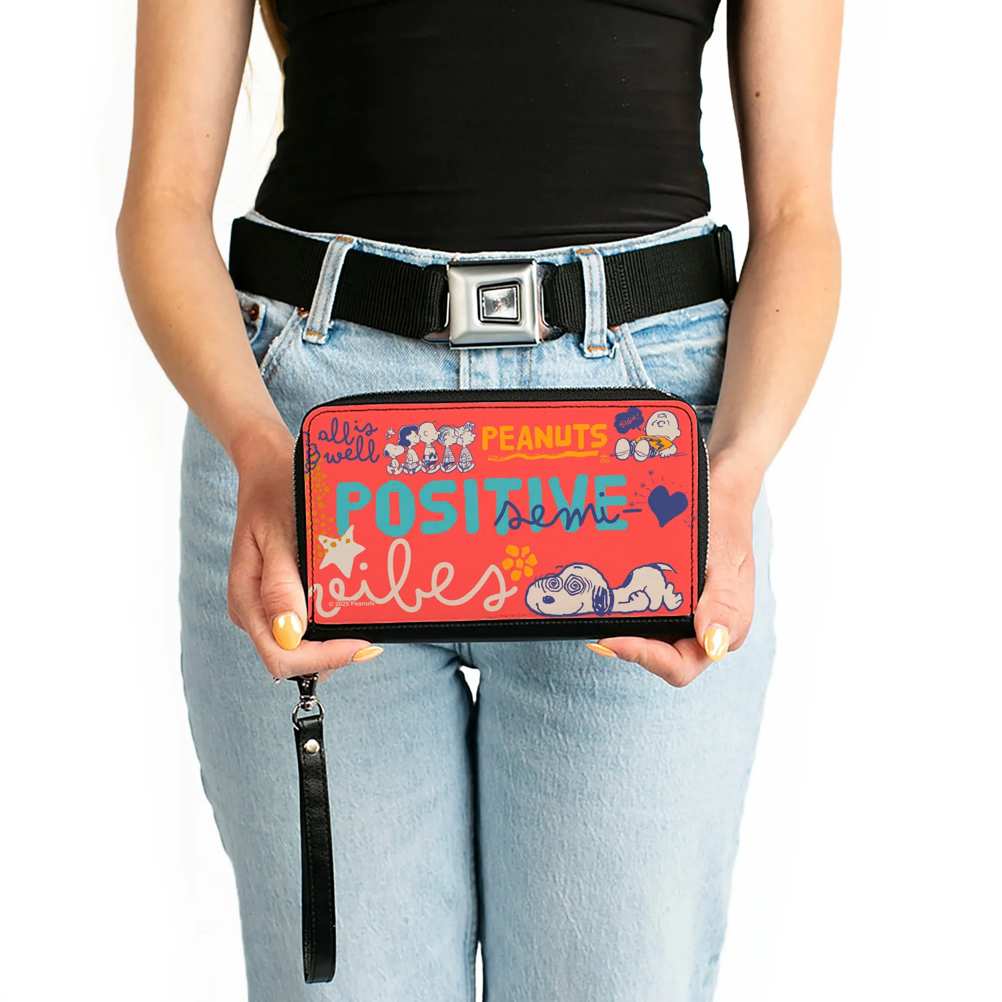 PU Zip Around Wallet Rectangle - Peanuts Gang SEMI-POSITIVE VIBES Poses Red/Blues/White