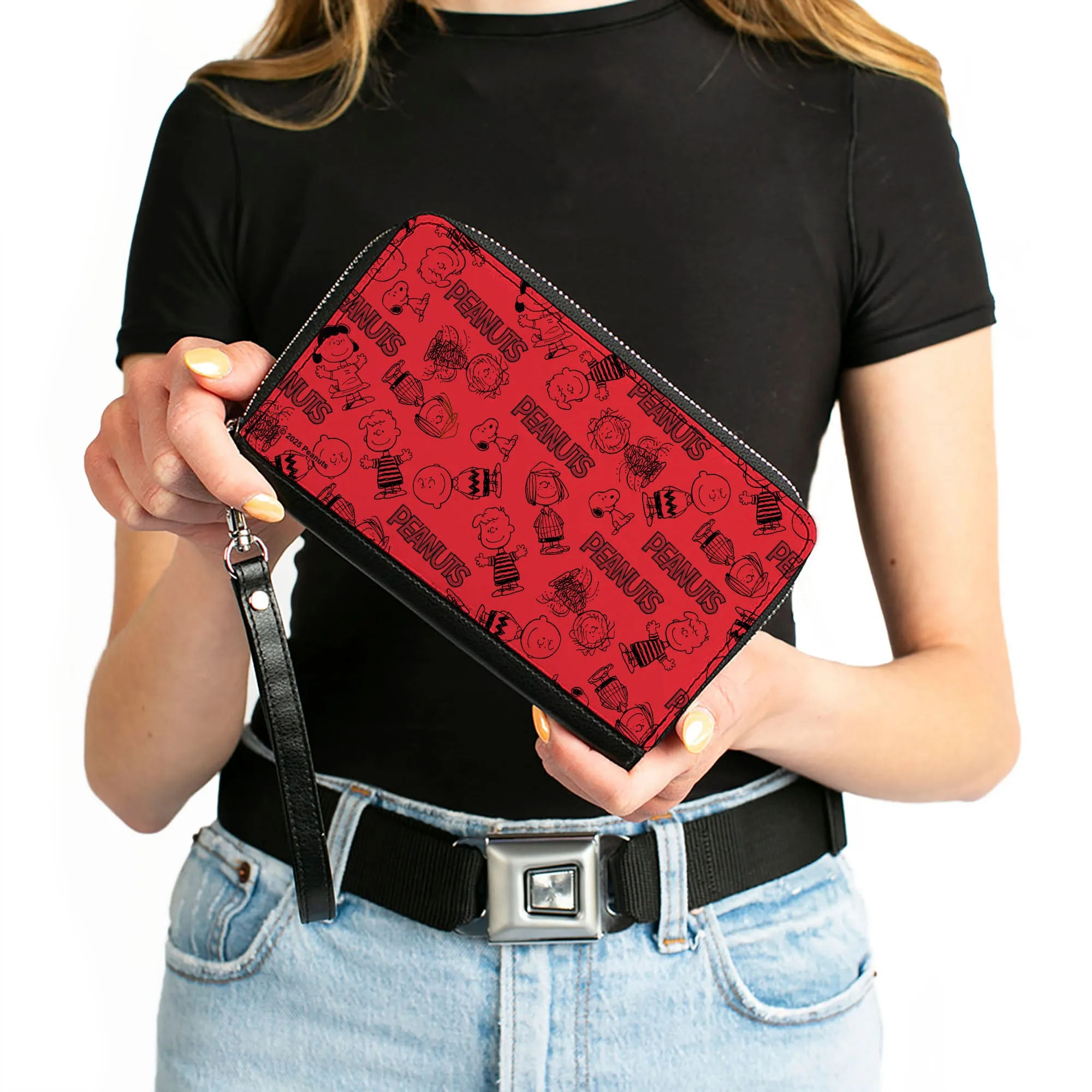 PU Zip Around Wallet Rectangle - PEANUTS Gang Six Character and Title Logo Collage Red/Black