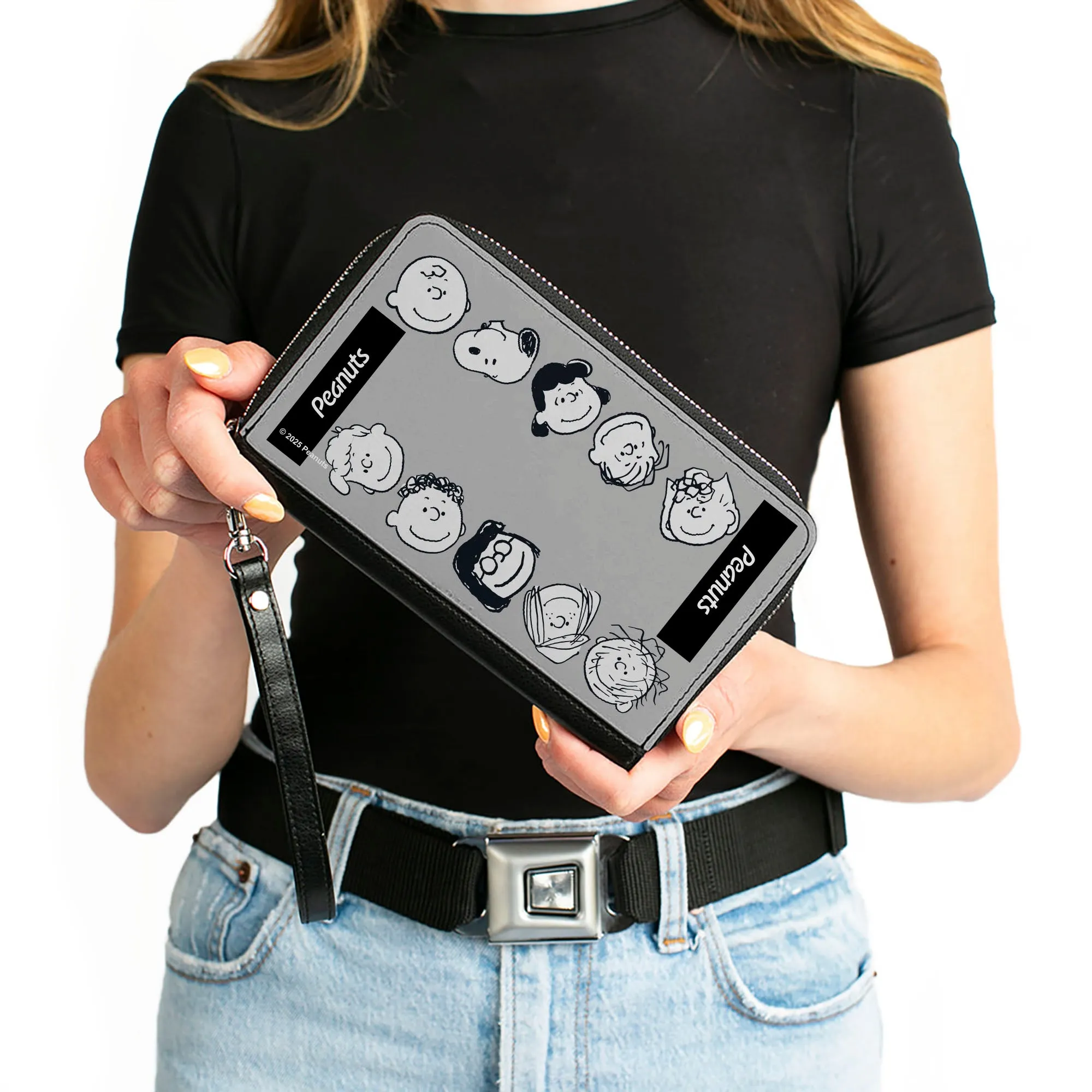 PU Zip Around Wallet Rectangle - Peanuts Gang Ten Character Faces Gray/Black/White