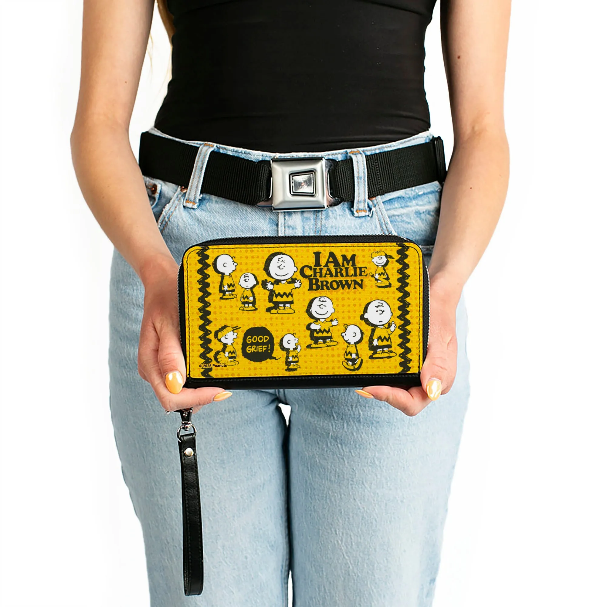 PU Zip Around Wallet Rectangle - Peanuts I AM CHARLIE BROWN Poses and Zig Zag Stripe Yellows/Black