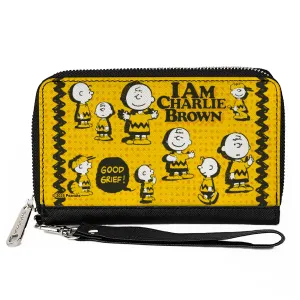 PU Zip Around Wallet Rectangle - Peanuts I AM CHARLIE BROWN Poses and Zig Zag Stripe Yellows/Black