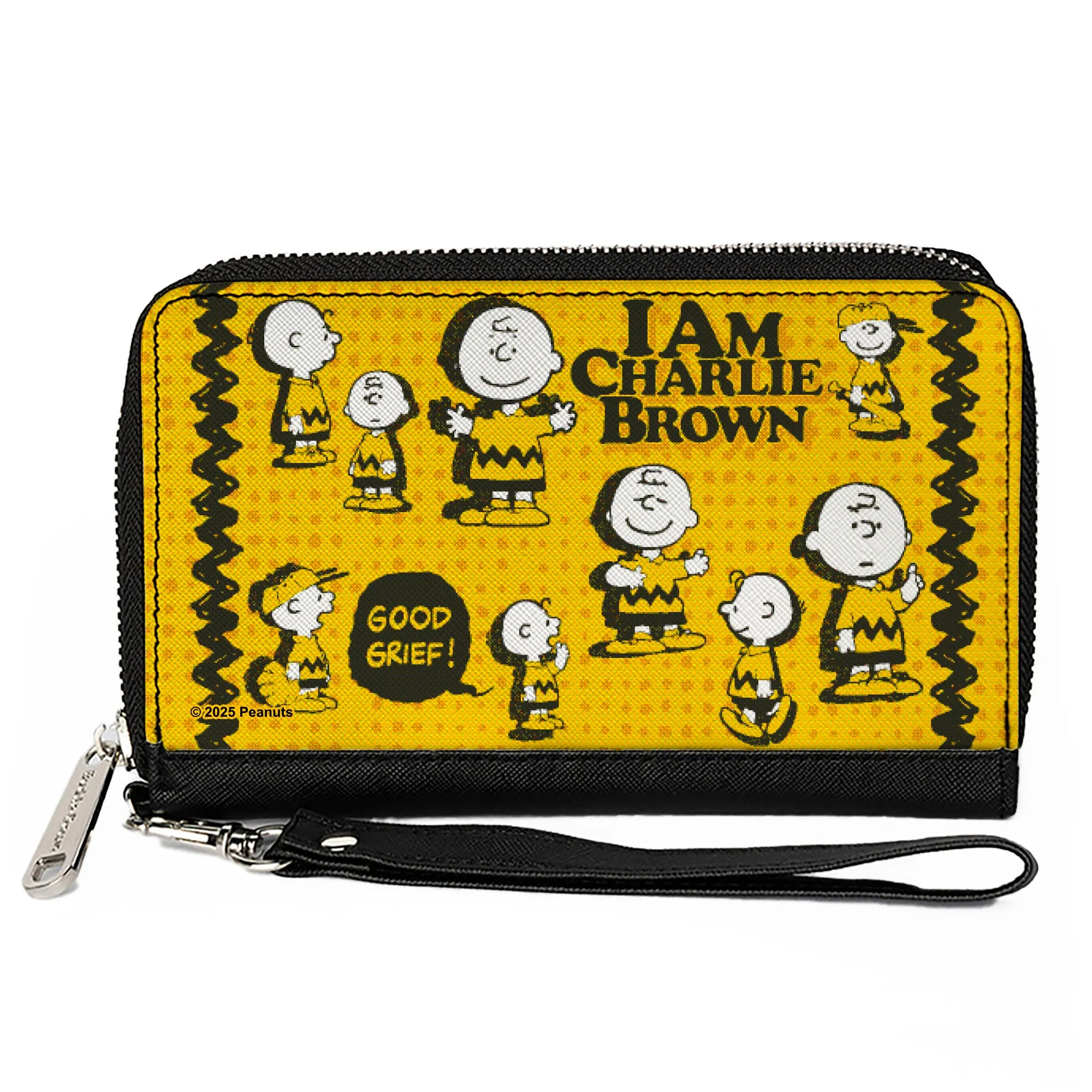 PU Zip Around Wallet Rectangle - Peanuts I AM CHARLIE BROWN Poses and Zig Zag Stripe Yellows/Black