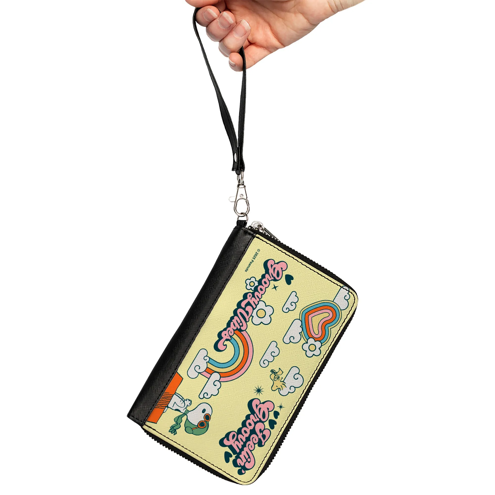 PU Zip Around Wallet Rectangle - Peanuts Snoopy Flying Ace and Woodstock GROOVY Quotes Collage Yellow