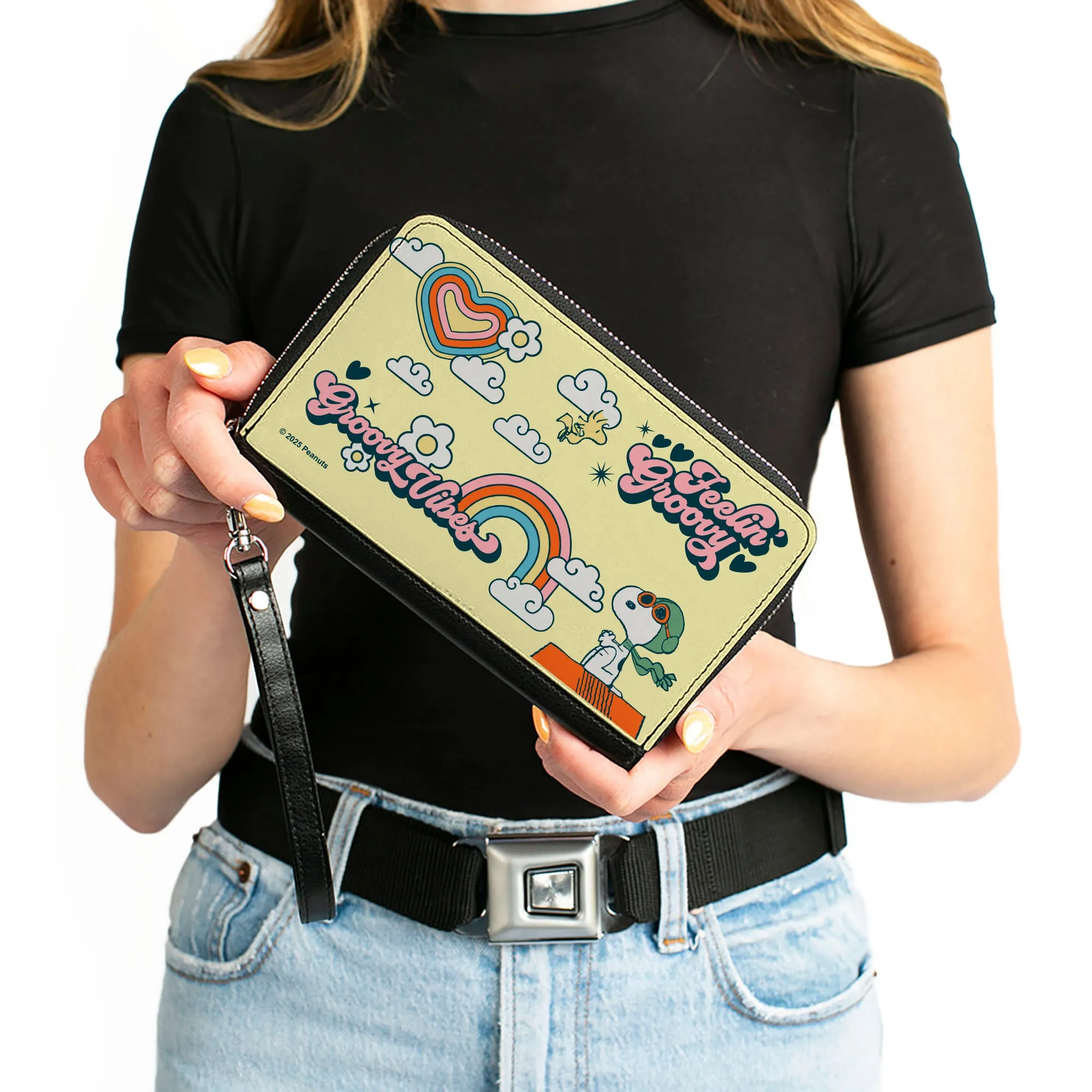 PU Zip Around Wallet Rectangle - Peanuts Snoopy Flying Ace and Woodstock GROOVY Quotes Collage Yellow