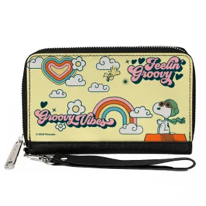 PU Zip Around Wallet Rectangle - Peanuts Snoopy Flying Ace and Woodstock GROOVY Quotes Collage Yellow