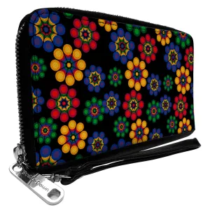 PU Zip Around Wallet Rectangle - Psychedelic Daisies Black/Multi Color