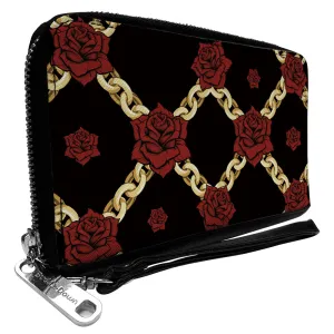 PU Zip Around Wallet Rectangle - Red Roses and Gold Chain Black